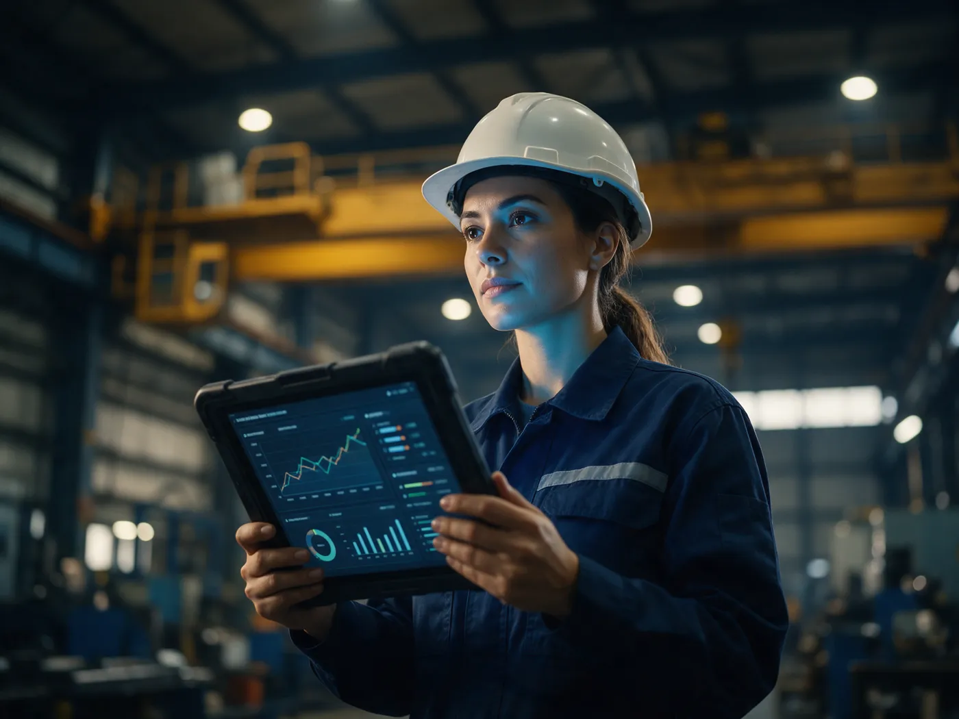 Ingeniera revisando en una tableta el monitoreo en tiempo real de una grúa puente